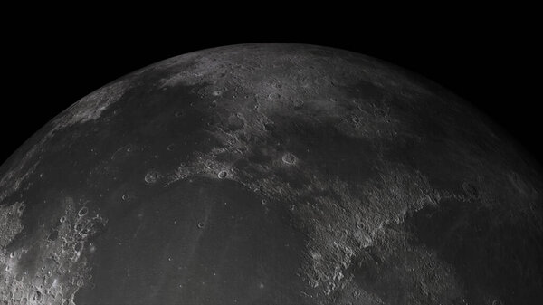 Концепция 20-P1 Scenery of Realistic Moon from Space with Asteroid Impact Craters. Высокая детализация 3D рендеринга.