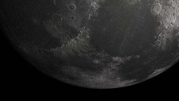 22-P1 Сценарий реактивного луна из космоса с кратерами столкновения с астероидами. Высокая детализация 3D рендеринга.