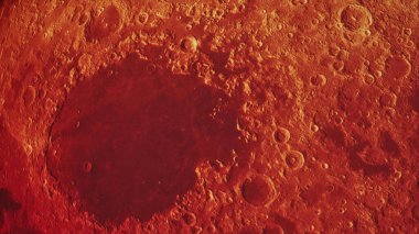 Göktaşı kraterleriyle uzaydan gelen Kanlı Ay yüzeyinin kavramsal P1 manzarası. Yüksek detaylı 3B görüntüleme.