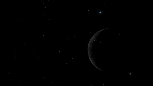 現実的で自然な月と星の効果のアニメーションで宇宙から見た星空の夜のコンセプトV2で遠くから見た月の相 — ストック動画