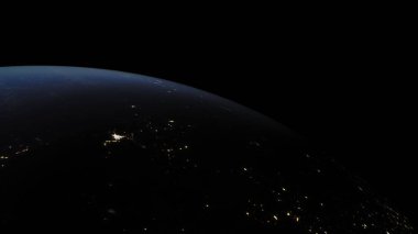 28-P2 Gerçekçi Dünya Gezegeni 'nin atmosfer ve Şehir Işıklandırma Efektleri ile dolu güzel manzarasını düşünün. Yüksek detaylı 3B görüntüleme.