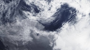 Uzaydan 30-P2 Gerçekçi Gezegen Yüzeyi 'nin Atmosferik Bulutlarla Güzel Manzarası. Yüksek detaylı 3B görüntüleme.