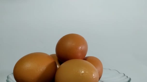 Concept Spinning Plate Full Chicken Egg White Background Center Screen — Stock videók