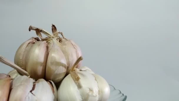 Έννοια Περιστρεφόμενο Πιάτο Γεμάτο Σκόρδο Λευκό Φόντο Στην Αριστερή Πλευρά — Αρχείο Βίντεο