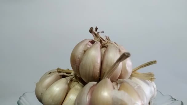 Concept Spinning Plate Full Garlic White Background Center Screen — Videoclip de stoc