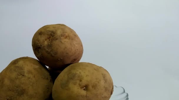 Концепція Спінінгова Пластина Повна Картоплі Білим Тлом Лівій Стороні Екрана — стокове відео
