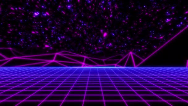 概念14 N1无限抽象霓虹灯逆波回旋动画背景 具有移动网格层 移动地形和恒星运动 — 图库视频影像