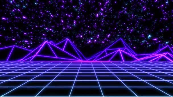 Koncept Nekonečné Abstraktní Neonové Retrowave Smyčky Animované Pozadí Pohyblivou Podlahou — Stock video