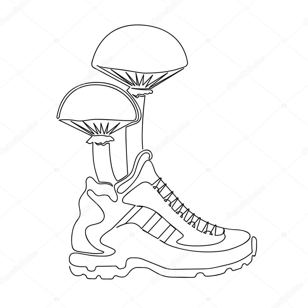 Mushrooms grow out of running shoes. Drawn with one continuous line. Stock vector illustration