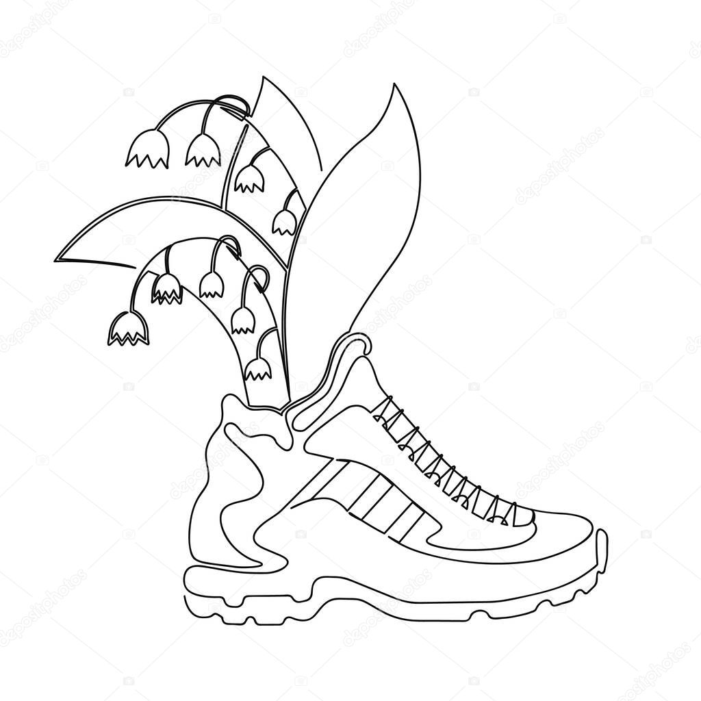 Flowers grow from running shoes. Drawn with one continuous line. Stock vector illustration