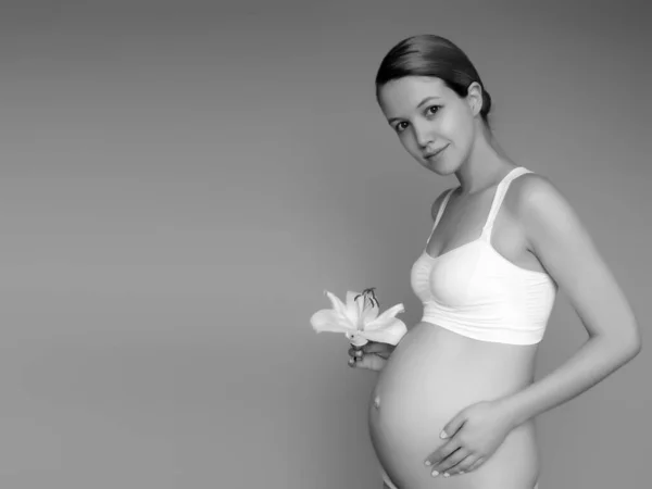 Schöne schwangere junge Frau in Kleidung für Schwangere misst ihren nackten Bauch, lächelnd, auf einem biegen Hintergrund. Bild einer glücklichen Schwangeren, die über einer Mauer posiert. Blick in die Kamera — Stockfoto