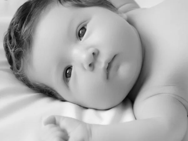 Neugeborenes Baby in einem Tuch auf weißer Decke. Schönes Porträt des kleinen Mädchens 7 Tage, eine Woche alt. Baby auf dem Rücken liegend auf weißem Hintergrund — Stockfoto