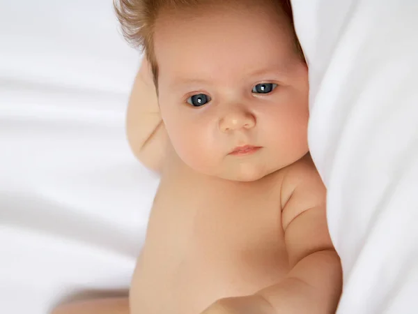 用白色毛毯包裹着新生儿.漂亮的小女孩肖像7天，一个星期大。躺在白色背景上的婴儿 — 图库照片