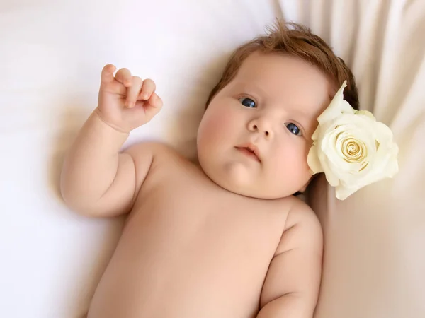 Портрет красивой маленькой девочки с белыми цветами. Здоровый ребенок, концепция больницы и счастливое материнство. Младенец. Здоровая и медицинская концепция. Счастливой беременности и родов — стоковое фото