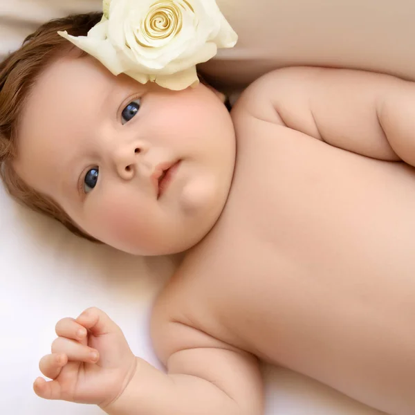 Retrato de uma linda menina com flores brancas. Criança saudável, conceito de hospital e maternidade feliz. Bebé infantil. Conceito saudável e médico. Feliz gravidez e parto — Fotografia de Stock