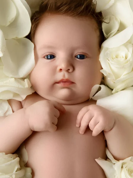 Retrato de una hermosa niña con flores blancas. Niño sano, concepto de hospital y maternidad feliz. Bebé bebé. Concepto saludable y médico. Feliz embarazo y parto —  Fotos de Stock