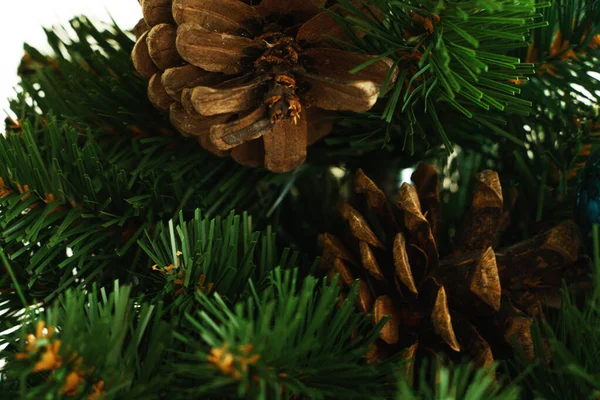 Vánoční Kornouty Pozadí Větví Jehličí — Stock fotografie