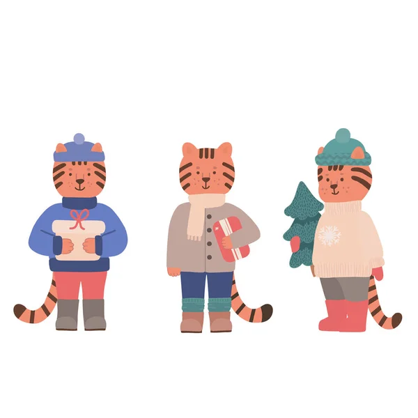 Ett set med tre söta tigerungar i vinterkläder — Stock vektor