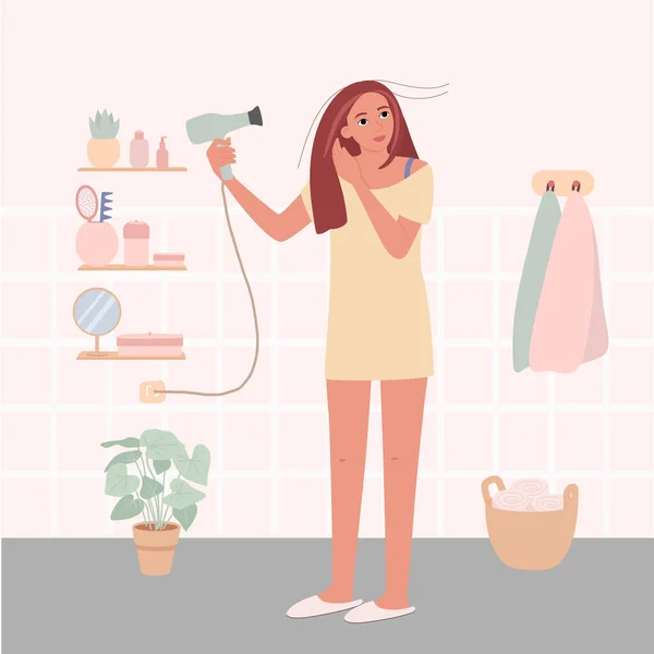 Uma mulher se levanta e segura um secador de cabelo em suas mãos — Vetor de Stock