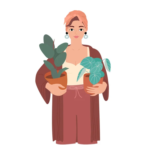 En kvinna håller blomkrukor i sina händer — Stock vektor