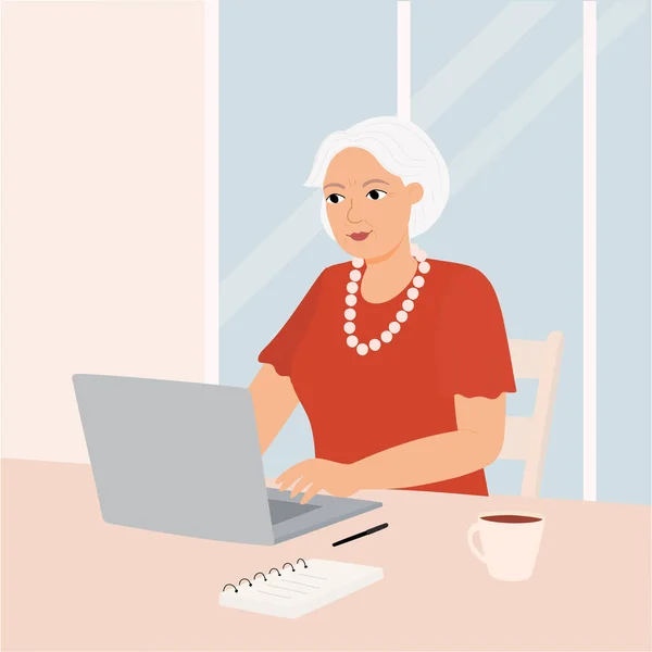 Una abuela de negocios con un ordenador portátil. — Vector de stock