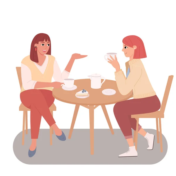 Två unga kvinnor sitter och pratar på caféet — Stock vektor