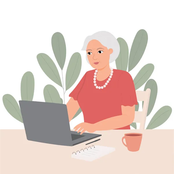 带着笔记本电脑和绿色植物的快乐奶奶. — 图库矢量图片