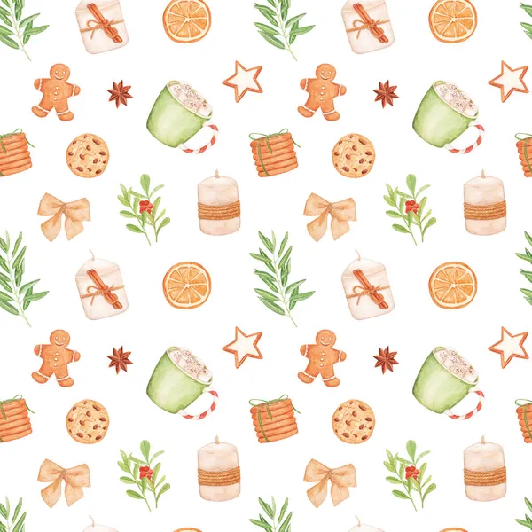 Patrón de acuarela sin costuras en un tema de invierno, galletas, velas, cacao. Ilustración para textiles, decoración navideña, papel digital y envoltura. — Foto de Stock