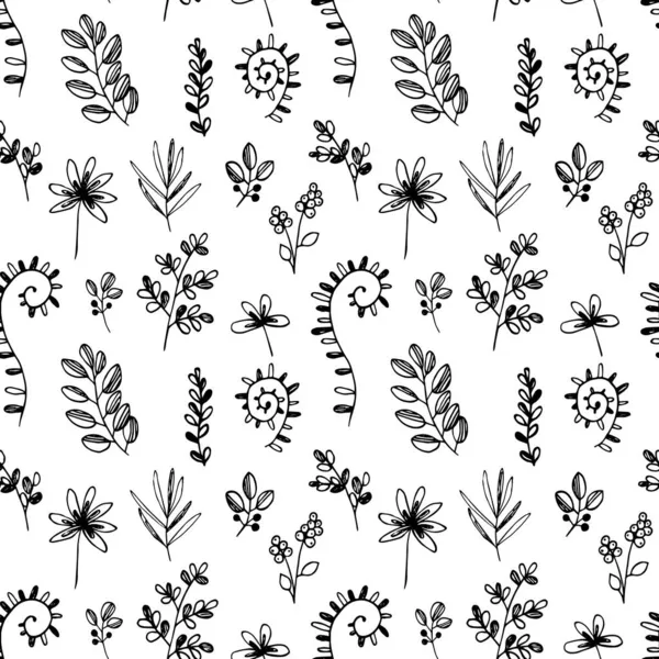 Seamless pattern with simple flowers twigs leaves — Stock Vector