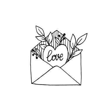 Kalp ve çiçeklerle el çizimi zarf. 