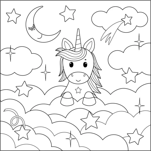 Cute unicorn among the stars and the moon — стоковый вектор