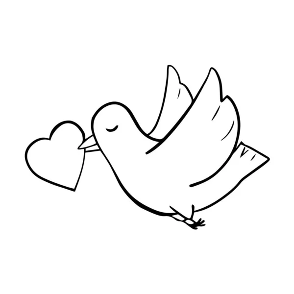 De vogel vliegt en houdt een hart in zijn bek. — Stockvector