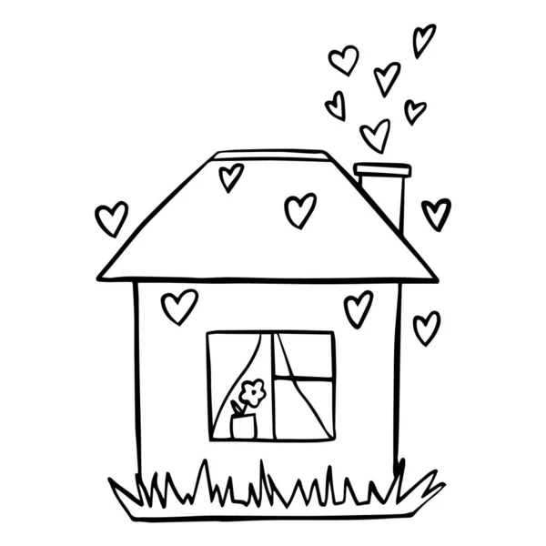 Una linda casa y corazones alrededor. — Vector de stock