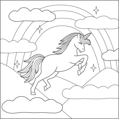 Gökkuşağı ve dağların arasındaki tek boynuzlu atın ana hatları. 