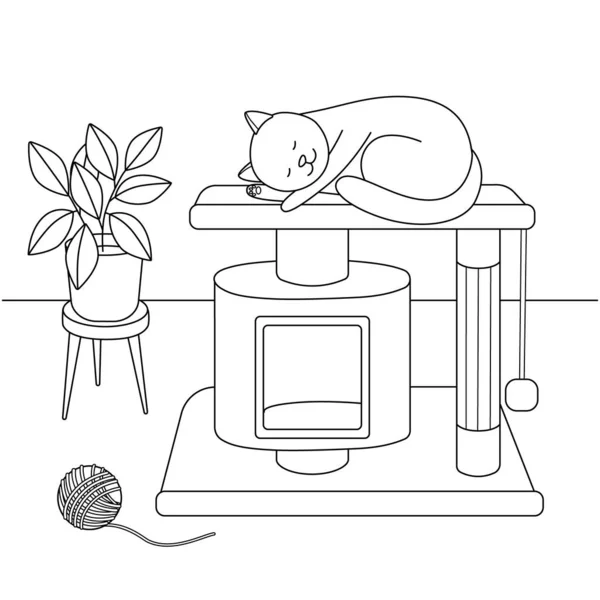 Cute cat sleeping on his playhouse, room — Stock Vector