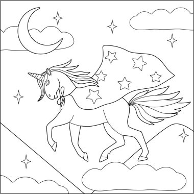 Bulutların arasında pelerinli tek boynuzlu atın ana hatları