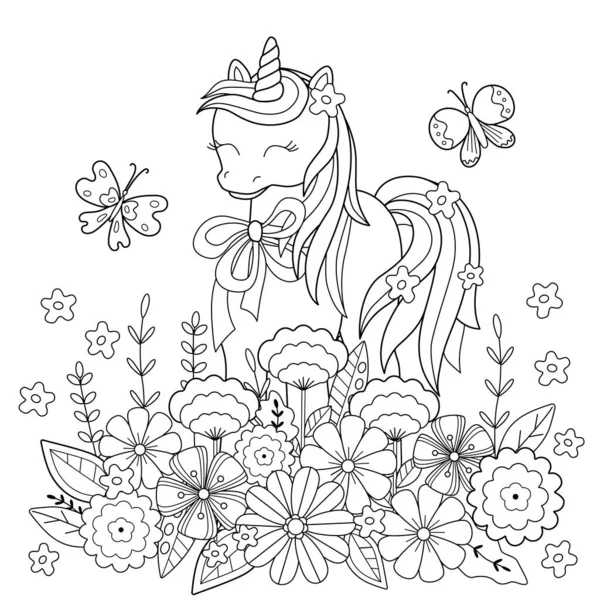 かわいいユニコーンと花で子供のぬり絵. — ストックベクタ