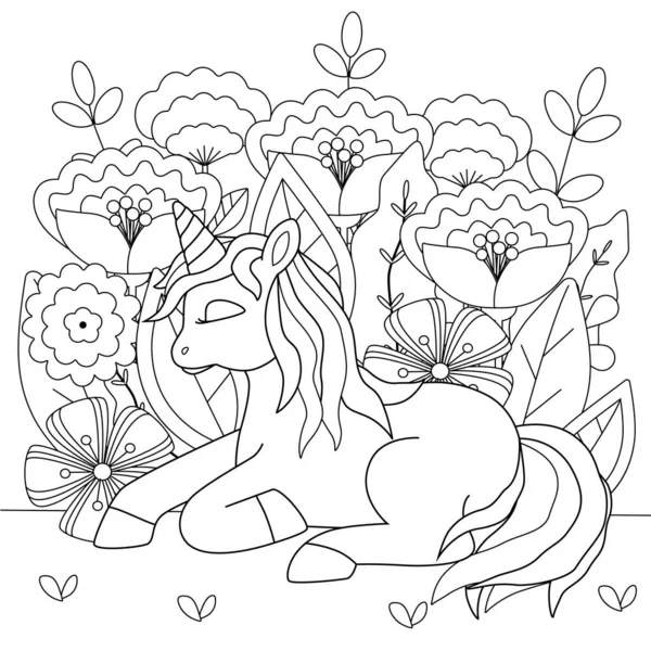 Libro para colorear para niños con unicornio lindo y flores . — Archivo Imágenes Vectoriales