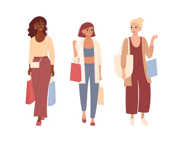 肌の色の異なる若い女性が買い物に行き 楽しい話をしています 袋を手に3人の友人が一緒に余暇を過ごす 平面ベクトル — ストックベクタ