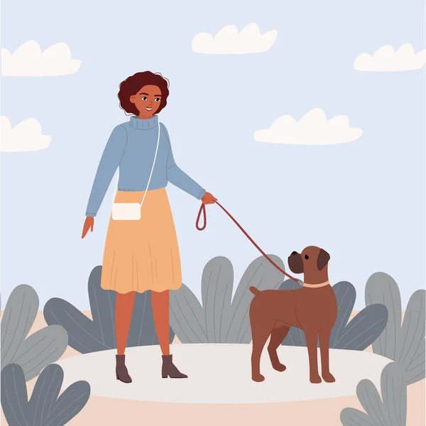 暗い肌の色を持つ女性は彼女の犬を歩く. — ストックベクタ