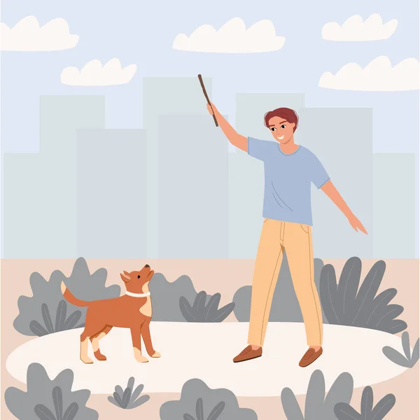 若い男が自然の中で犬と遊ぶ — ストックベクタ