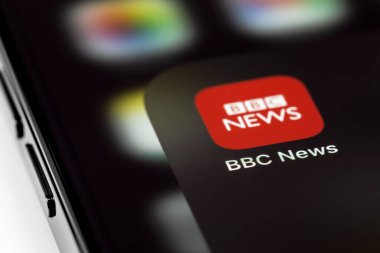 BBC News mobile icon app on screen smartphone iPhone macro. BBC News is an operational business division of the British Broadcasting Corporation. Moscow, Russia - July 20, 2021