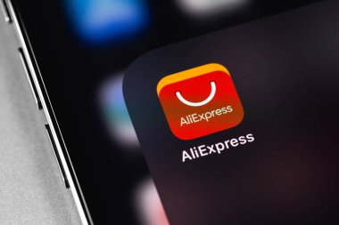 AliExpress mobile icon app on screen smartphone iPhone. AliExpress is an online retail service made up of small businesses in China and elsewhere offering products to international online buyers. Moscow, Russia - June 16, 2021