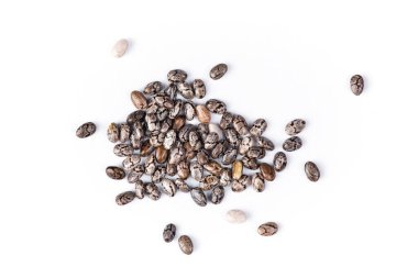 chia seeds macro, salvia hispanica isolated on white background closeup