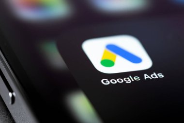 Google Ads (AdWords) icon mobile app on screen smartphone iPhone macro. Google services. Google Ads is a contextual service, mainly search advertising from Google. Moscow, Russia -  July 22, 2021