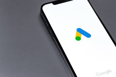 Google Ads (AdWords) logo mobile app on screen smartphone iPhone closeup. Google Ads is a contextual service, mainly search advertising. Moscow, Russia -  July 18, 2021