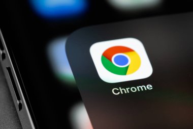 Google Chrome browser mobile icon app on screen smartphone iPhone. Google Chrome is a browser developed by Google. Moscow, Russia - August 14, 2021