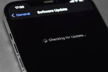 iPhone with Settings, iOS update on screen, Checking for Update. Apple is a multinational technology company. Moscow, Russia -  September 5, 2021