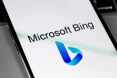 Microsoft Bing logo on screen smartphone iPhone closeup. Microsoft Bing is a search engine developed by the international corporation Microsoft. Moscow, Russia - August 10, 2021