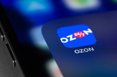 Ozon mobile icon app on screen smartphone iPhone. Ozon - russian marketplace, online stores, shopping in Russia. Moscow, Russia - November 28, 2020